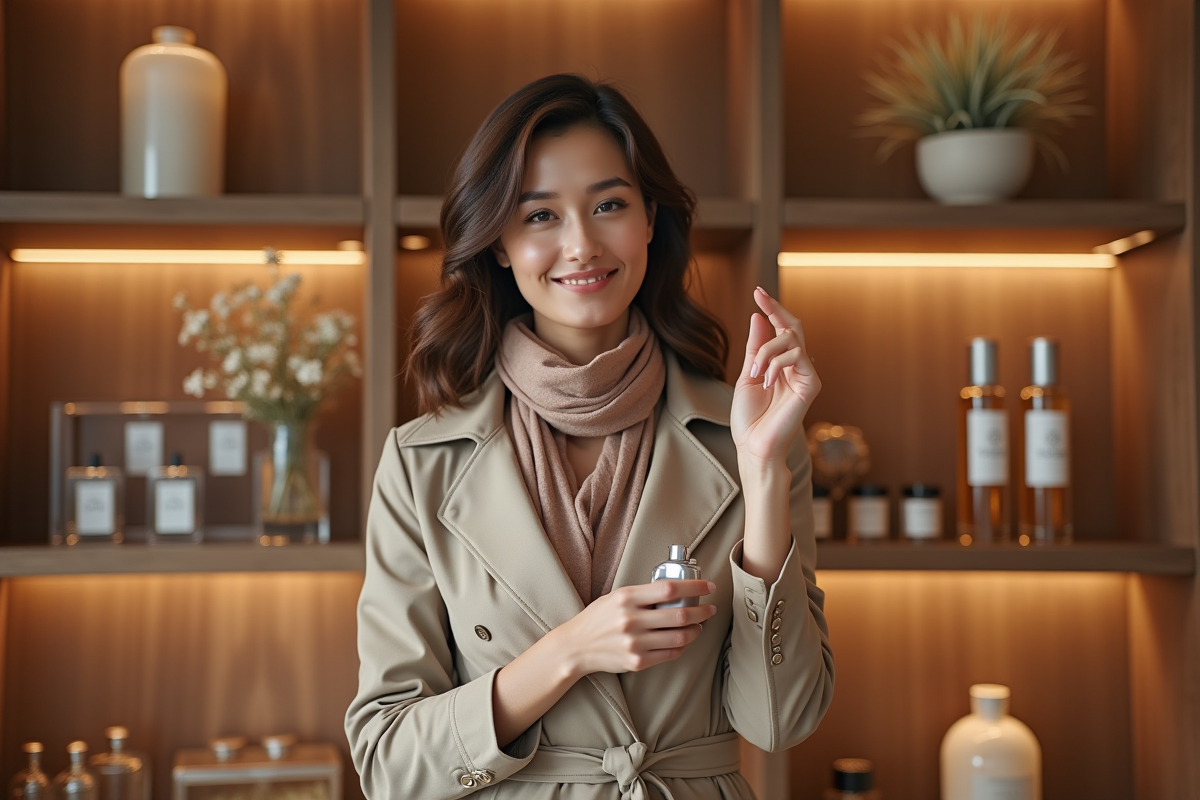 Femme élégante en trench beige et foulard parfumant son poignet
