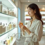 Jeune femme comparant des parfums dans une parfumerie française, panier d'achat à la main