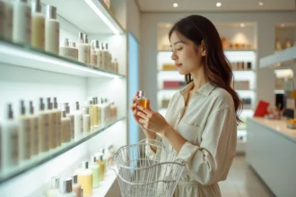 Jeune femme comparant des parfums dans une parfumerie française, panier d'achat à la main