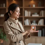 Femme élégante se parfumant dans un appartement moderne