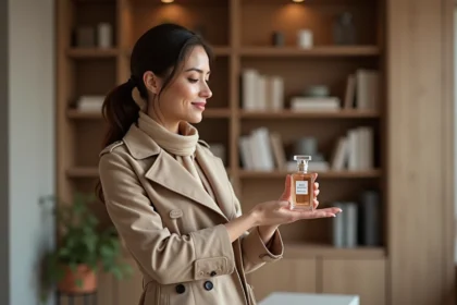 Femme élégante se parfumant dans un appartement moderne
