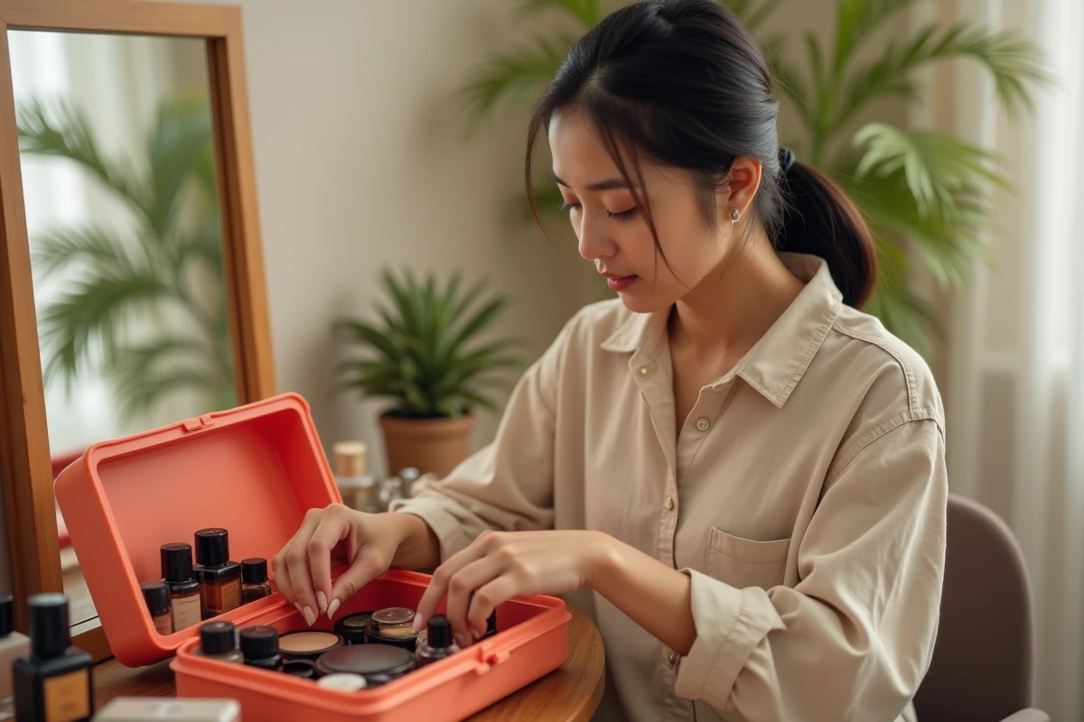 Jeune femme rangeant ses cosmétiques dans une vanity case rigide en polycarbonate sur une coiffeuse en bois
