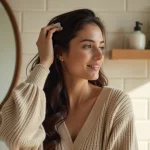 Femme détendue appliquant un shampoing sans sulfate dans un bain lumineux