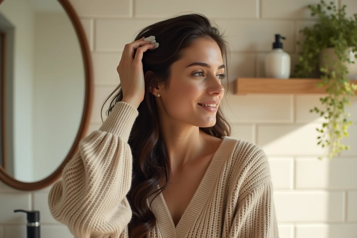 Femme détendue appliquant un shampoing sans sulfate dans un bain lumineux