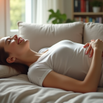 Femme souriante se relaxant en massant son ventre dans un salon