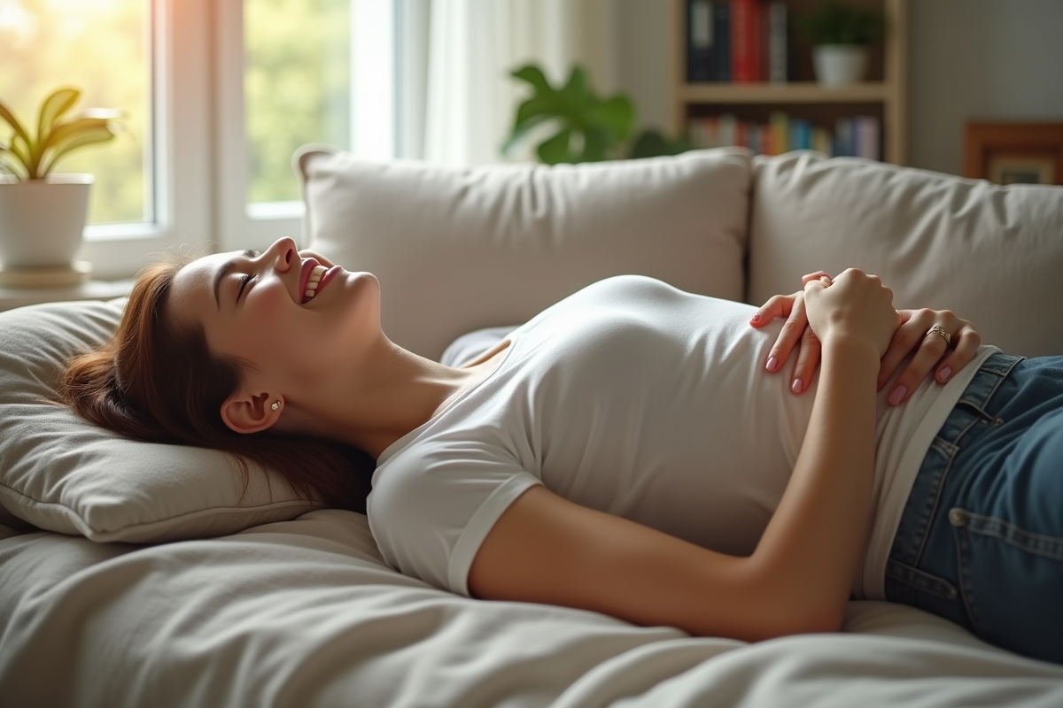 Femme souriante se relaxant en massant son ventre dans un salon