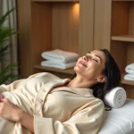 Femme détendue en robe beige dans un spa apaisant