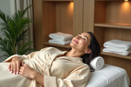 Femme détendue en robe beige dans un spa apaisant
