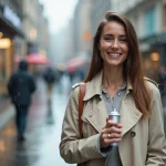 Femme souriante avec spray dans la main sous la pluie en ville
