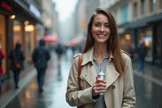 Femme souriante avec spray dans la main sous la pluie en ville