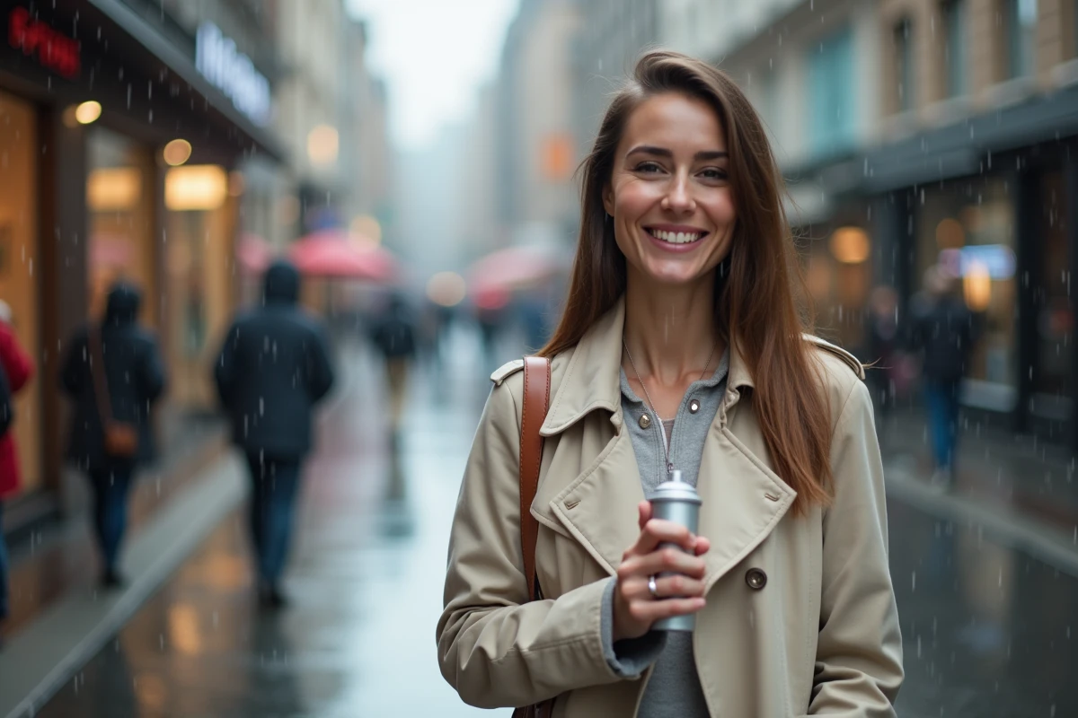 Femme souriante avec spray dans la main sous la pluie en ville