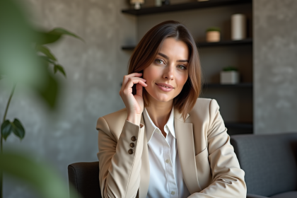 Femme élégante en salon moderne avec carré court
