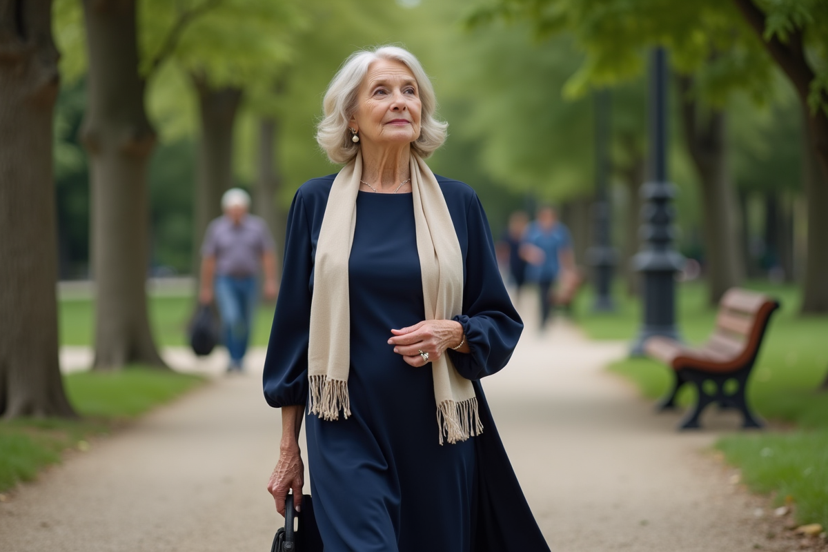 Femme senior en robe fluide se promenant dans un parc urbain
