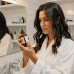 Femme examinant un sérum capillaire Colagea dans une salle de bain moderne, cheveux ondulés naturels visibles