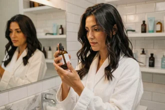 Femme examinant un sérum capillaire Colagea dans une salle de bain moderne, cheveux ondulés naturels visibles