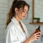Femme lisant l'étiquette d'un shampoing sans paraben sans sulfate sans silicone dans une salle de bain moderne