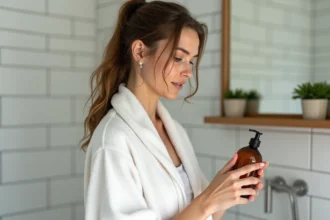 Femme lisant l'étiquette d'un shampoing sans paraben sans sulfate sans silicone dans une salle de bain moderne