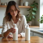 Femme compare deux shampoings dans une cuisine lumineuse
