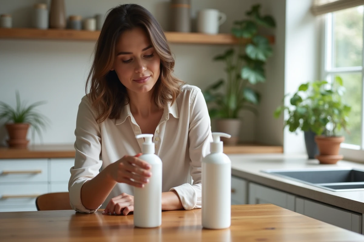 Femme compare deux shampoings dans une cuisine lumineuse