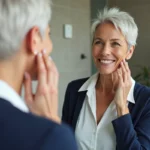 Femme souriante appliquant un serum visage dans sa salle de bain