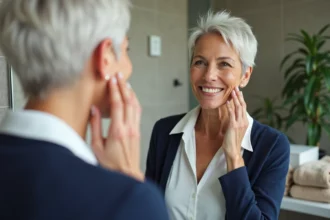 Femme souriante appliquant un serum visage dans sa salle de bain