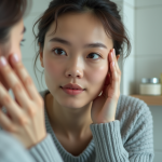 Femme regardant son reflet dans un miroir de salle de bain