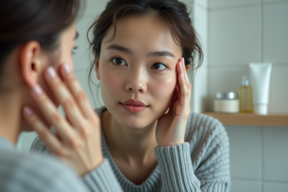 Femme regardant son reflet dans un miroir de salle de bain