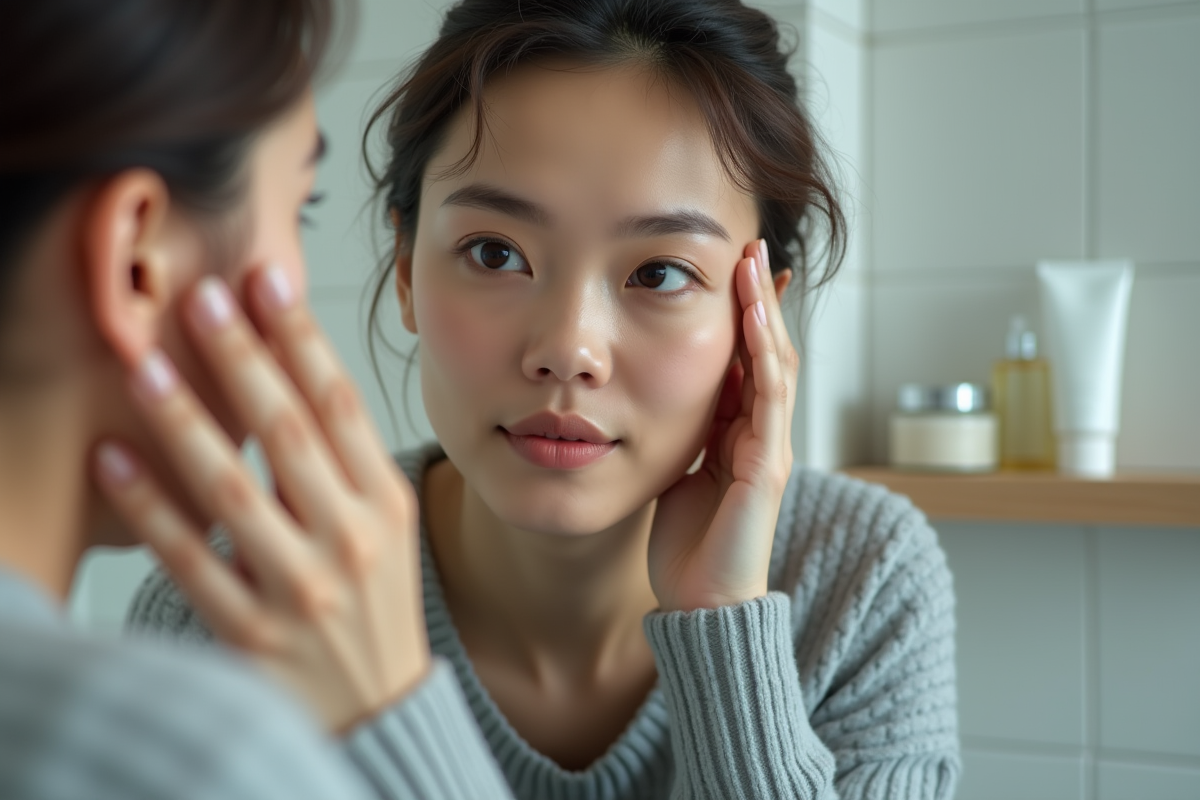 Femme regardant son reflet dans un miroir de salle de bain