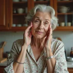 Femme appliquant un masque naturel sur le visage dans la cuisine