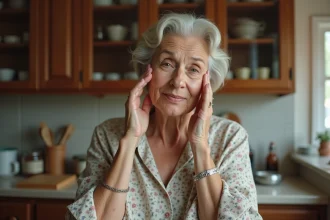 Femme appliquant un masque naturel sur le visage dans la cuisine