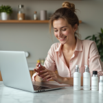 Femme souriante inspectant un produit de soin visage à la maison