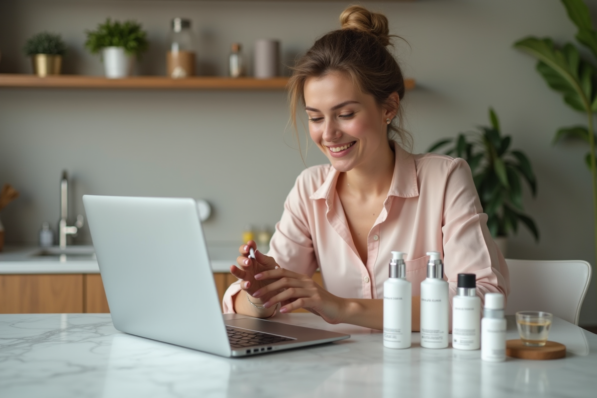 Femme souriante inspectant un produit de soin visage à la maison