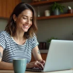 Femme souriante utilisant une calculatrice de tatouage sur un laptop
