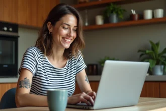 Femme souriante utilisant une calculatrice de tatouage sur un laptop