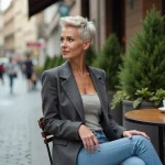 Femme élégante avec coupe wolfcut au café en ville