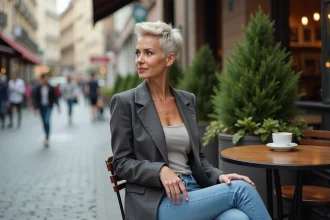 Femme élégante avec coupe wolfcut au café en ville