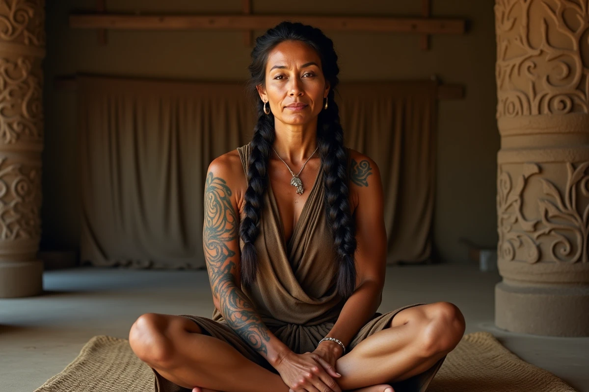 Femme avec tatouages traditionnels en intérieur
