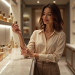 Femme élégante testant des parfums dans une boutique chic