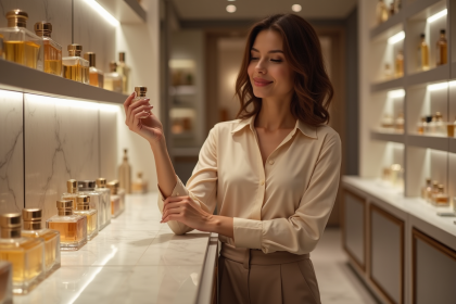 Femme élégante testant des parfums dans une boutique chic