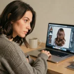 Femme testant une coupe de cheveux virtuelle sur un logiciel de simulation capillaire depuis son ordinateur portable