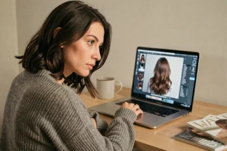Femme testant une coupe de cheveux virtuelle sur un logiciel de simulation capillaire depuis son ordinateur portable