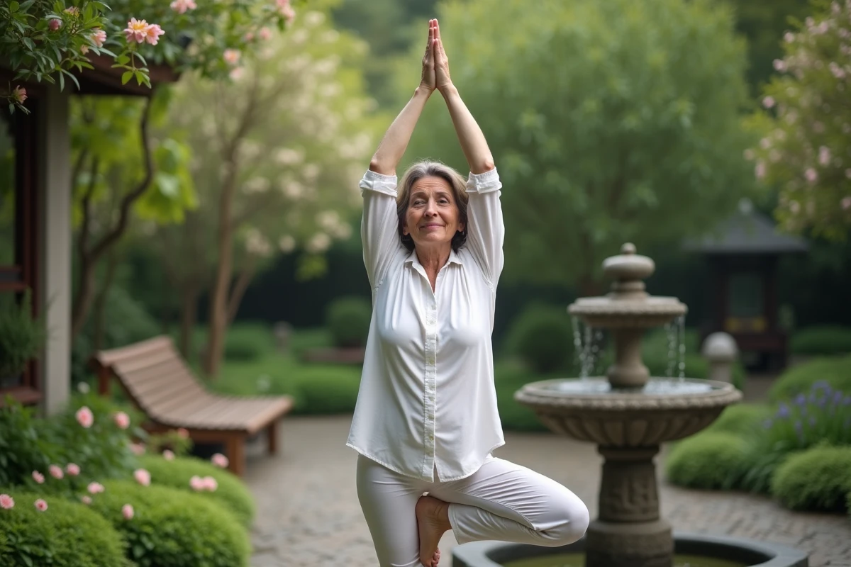 Femme en posture de yoga dans un jardin paisible