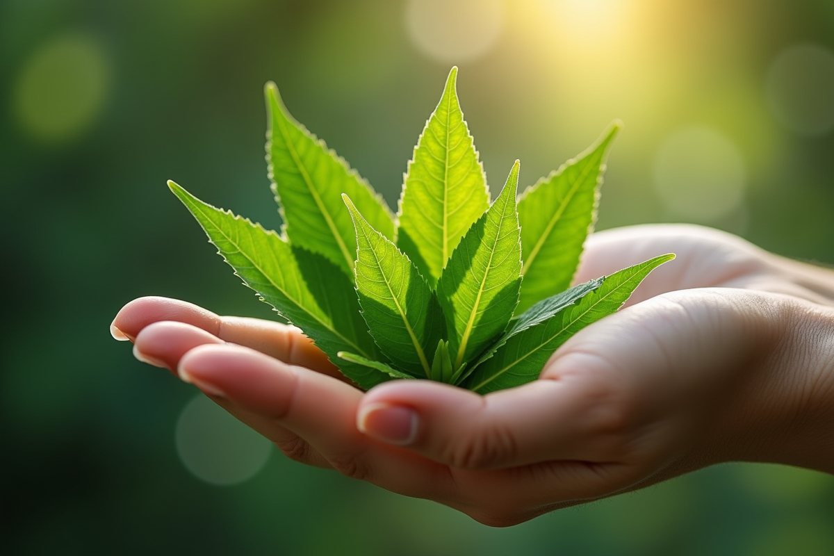 Feuilles de ravintsara vertes dans la main lumineuse