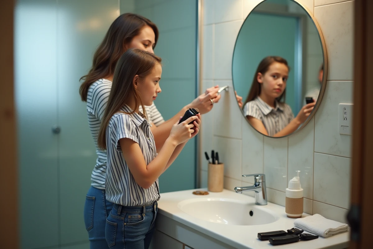 Fille adolescente et sa mère tentant une coupe de cheveux