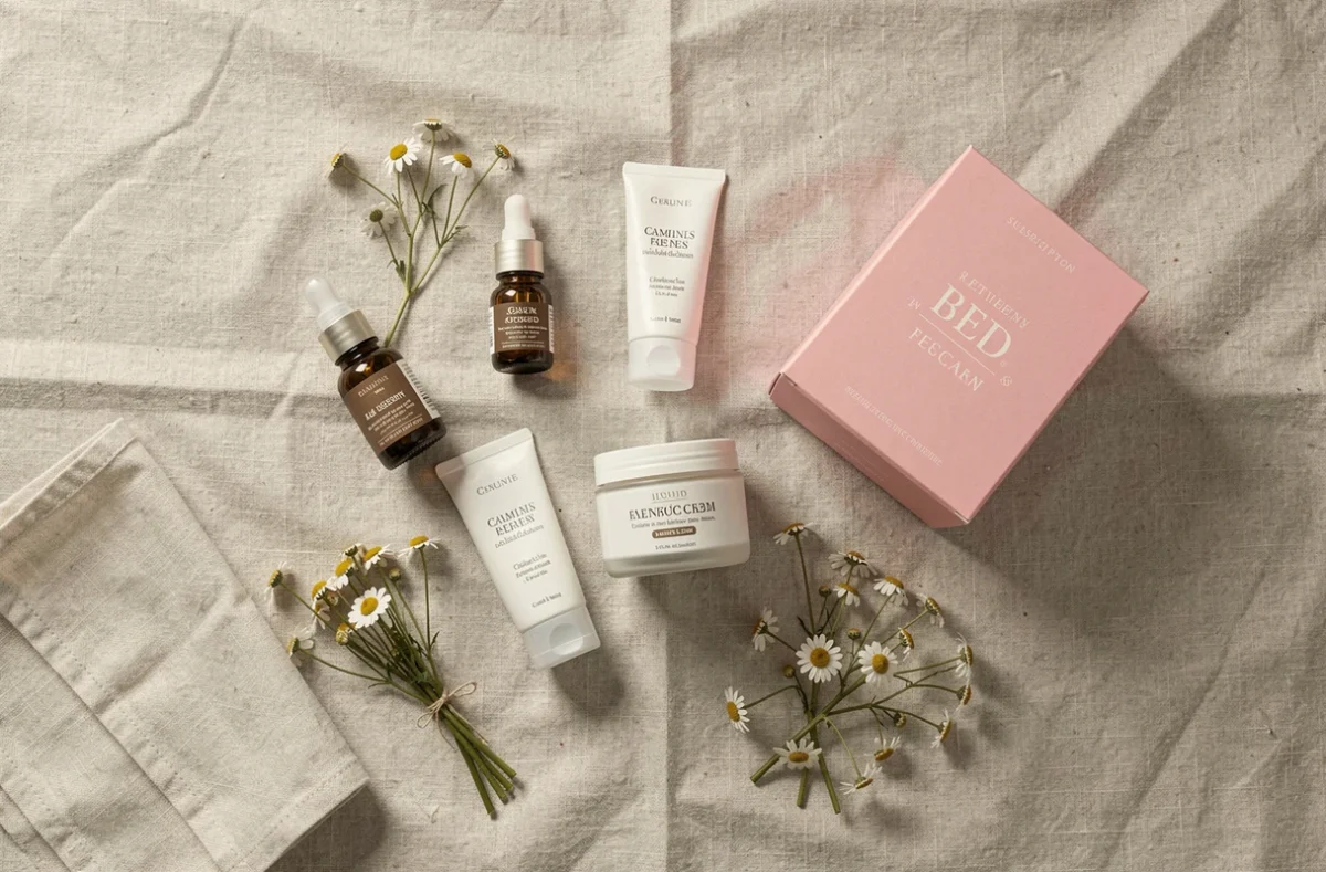 Flat-lay de produits de soin pour peau sensible extraits d'une box beauté sur tissu lin crème