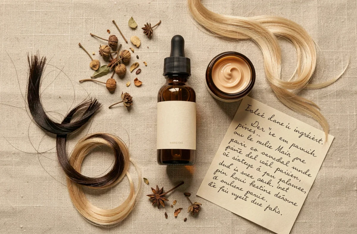 Flat lay de produits de soin capillaire Colagea sur fond lin beige avec ingrédients botaniques séchés