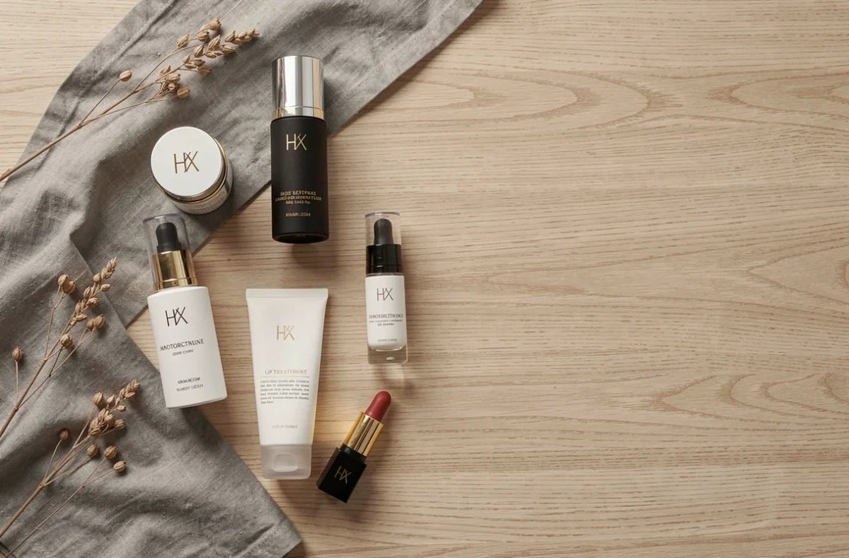 Flat lay de produits de beauté haut de gamme Space NK sur fond de bois clair avec accessoires minimalistes