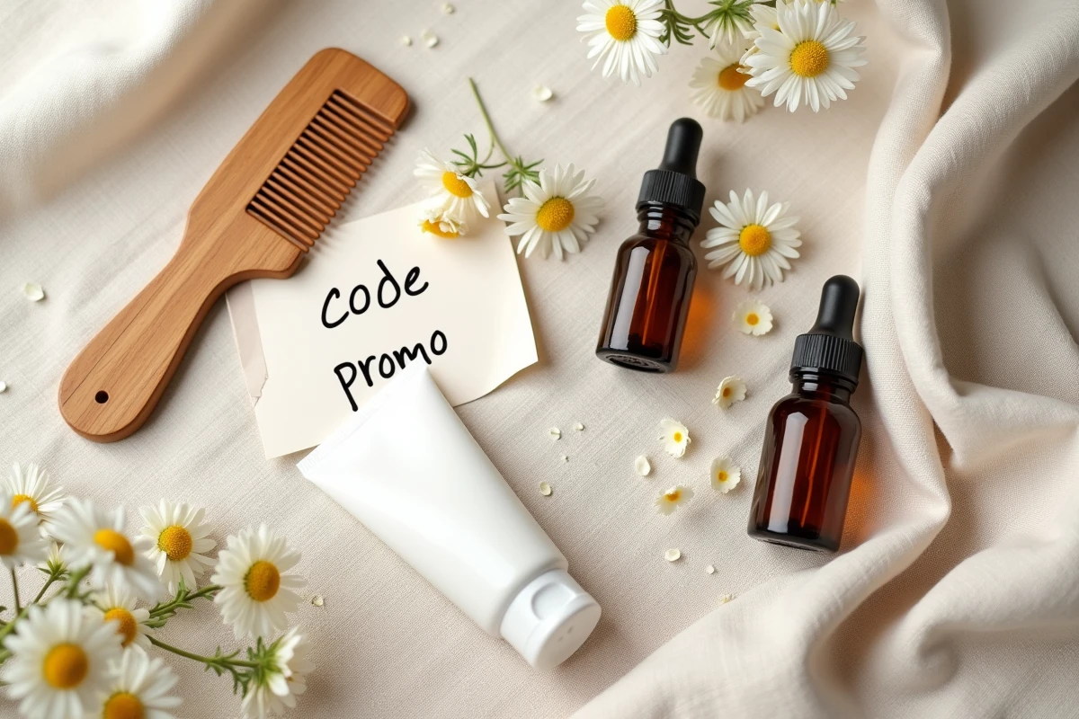 Flat lay de produits naturels bio avec code promo manuscrit sur tissu en lin beige