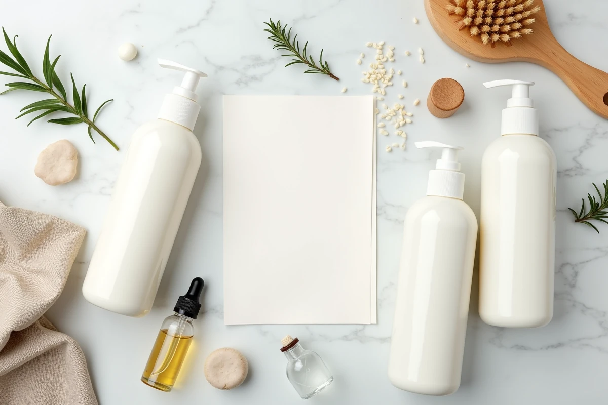 Flat lay de shampoings naturels sans sulfate avec ingrédients biologiques sur marbre blanc