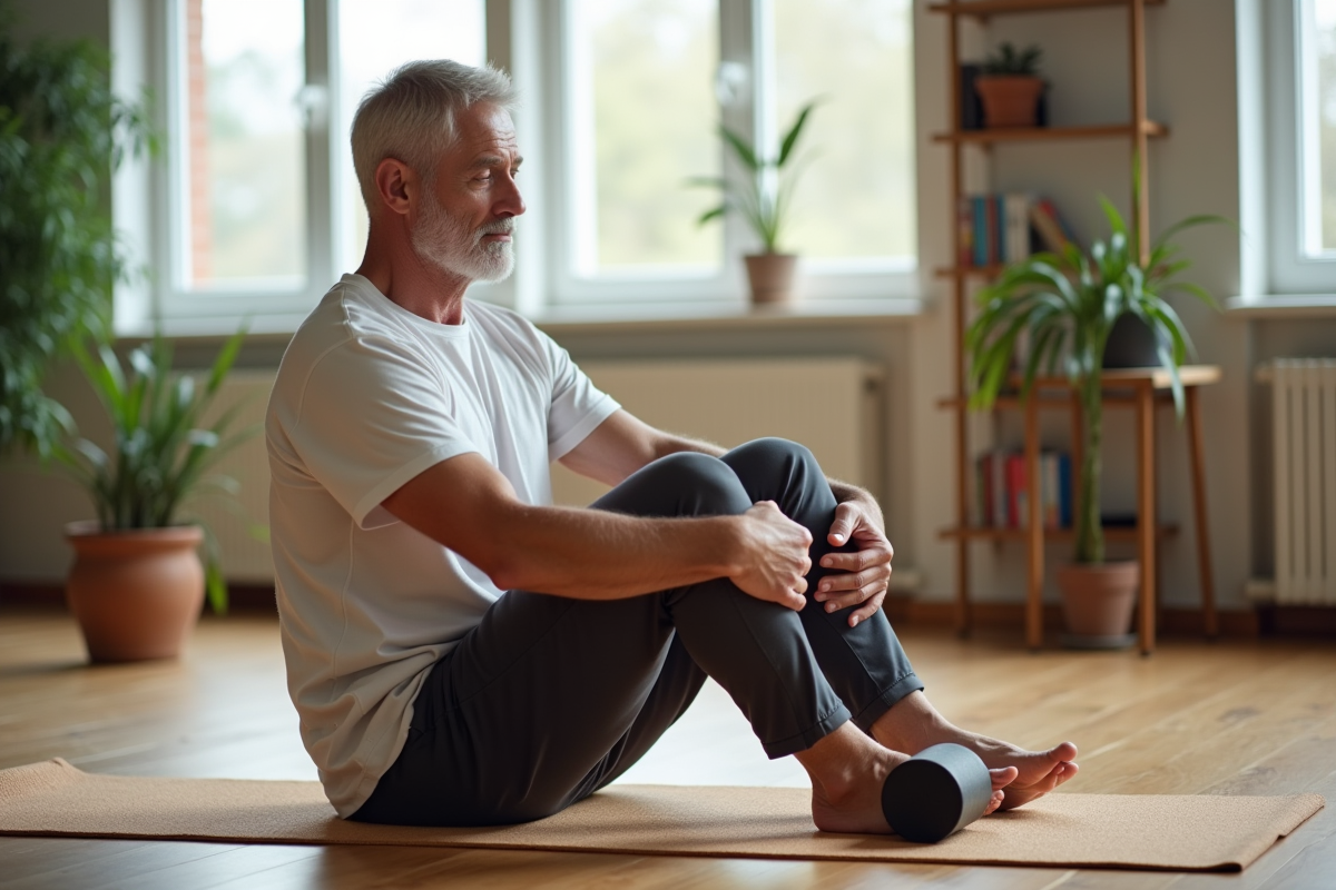 Homme utilisant un rouleau en mousse lors de sa séance de yoga
